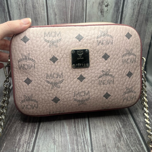 MCM Visetos Mini Camera Crossbody Bag Powder Pink Leather Chain Strap - Picture 6 of 16